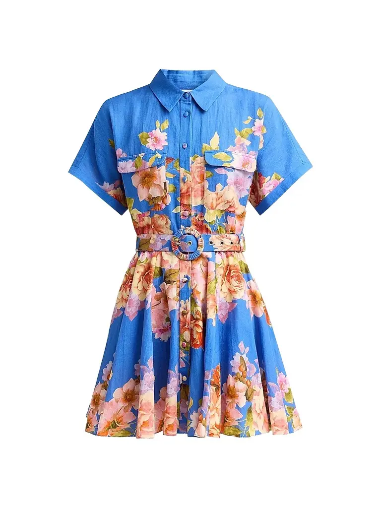 Hemant & Nandita Women's Floral Linen-Cotton Belted Mini Shirtdress - Blue | Image 1 Hemant & Nandita Women's Floral Linen-Cotton Belted Mini Shirtdress - Blue | Image 1