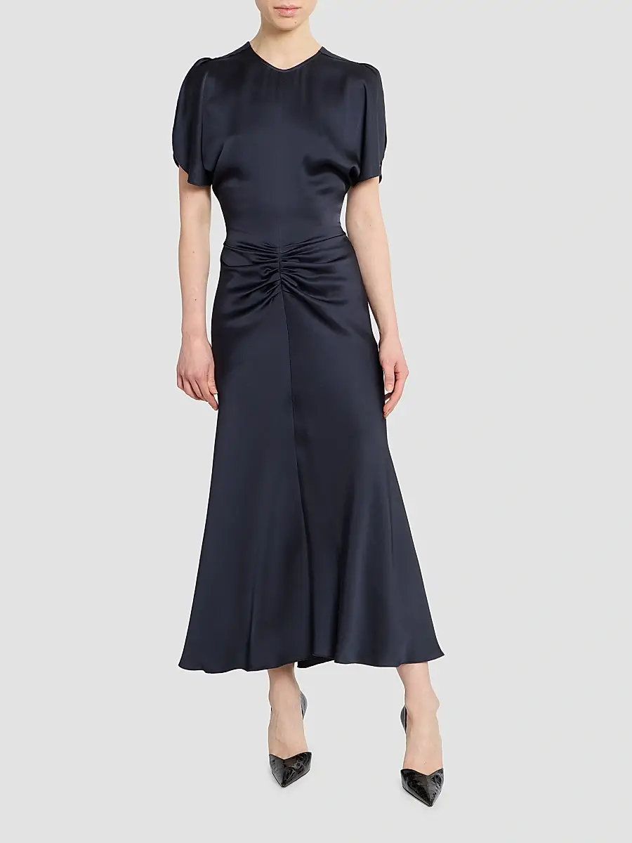 Victoria Beckham Women's Bela Satin Ruched Midi Dress | Thumbnail 2 Victoria Beckham Women's Bela Satin Ruched Midi Dress | Thumbnail 2