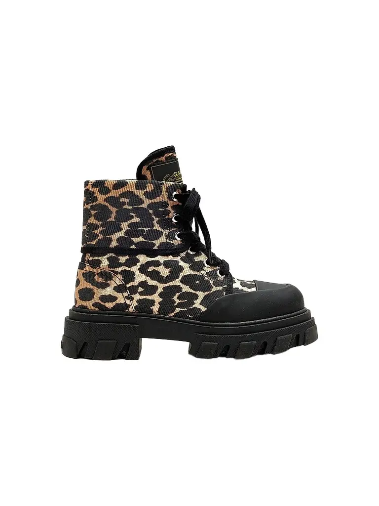 Ganni Women's Cleated Leopard Print Denim Ankle Boots - Almond Milk - Size 11 | Image 1 Ganni Women's Cleated Leopard Print Denim Ankle Boots - Almond Milk - Size 11 | Image 1