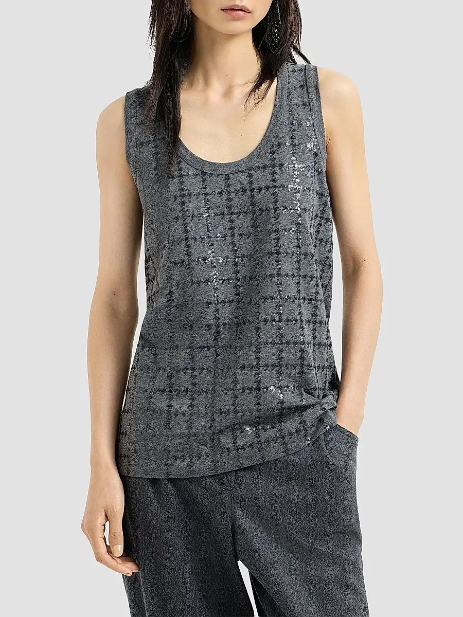 Brunello Cucinelli Women's Cotton Jersey Top with Dazzling Windowpane Embroidery | Thumbnail 2 Brunello Cucinelli Women's Cotton Jersey Top with Dazzling Windowpane Embroidery | Thumbnail 2