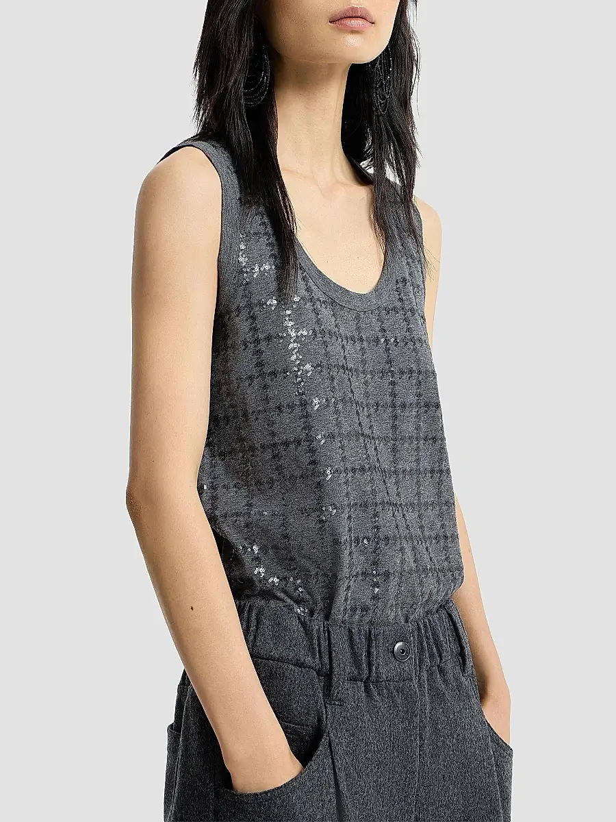 Brunello Cucinelli Women's Cotton Jersey Top with Dazzling Windowpane Embroidery | Thumbnail 3 Brunello Cucinelli Women's Cotton Jersey Top with Dazzling Windowpane Embroidery | Thumbnail 3