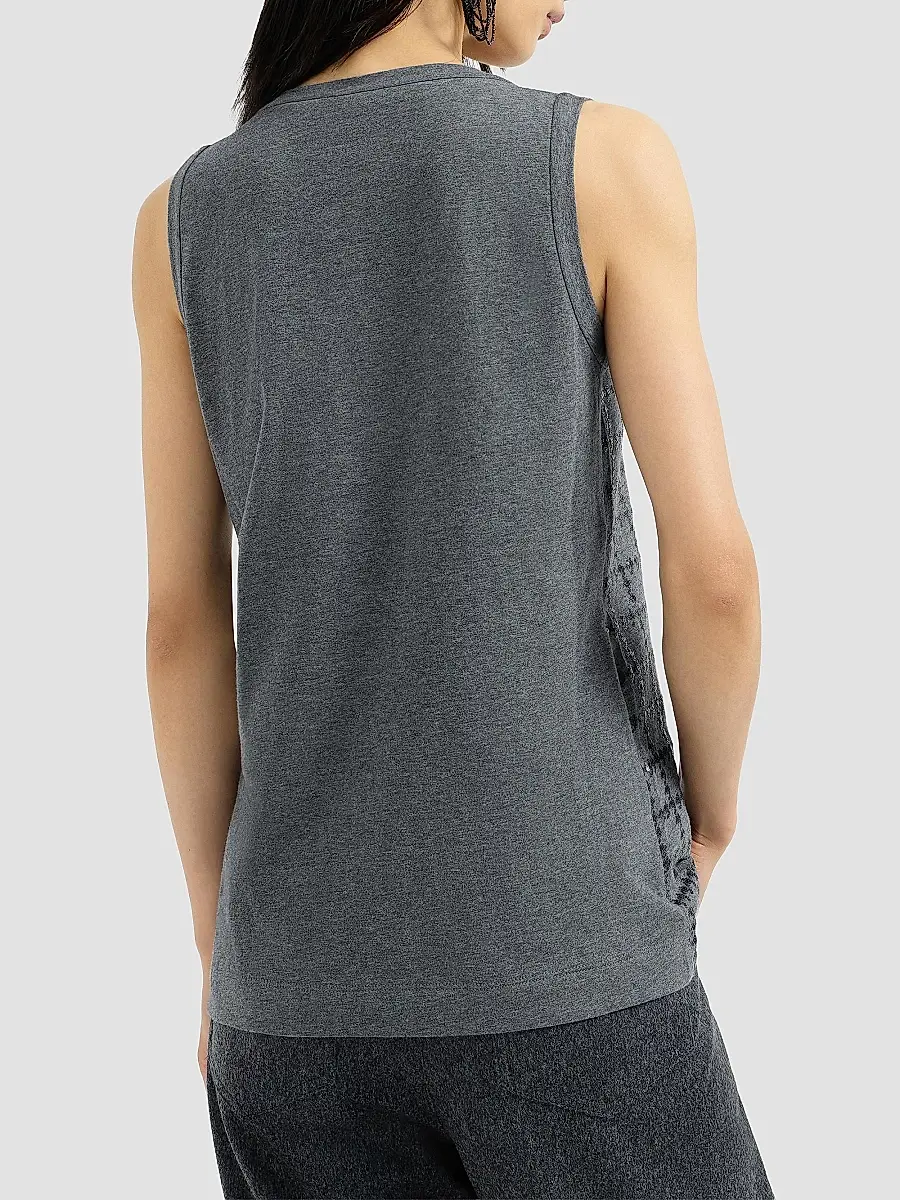 Brunello Cucinelli Women's Cotton Jersey Top with Dazzling Windowpane Embroidery | Thumbnail 4 Brunello Cucinelli Women's Cotton Jersey Top with Dazzling Windowpane Embroidery | Thumbnail 4