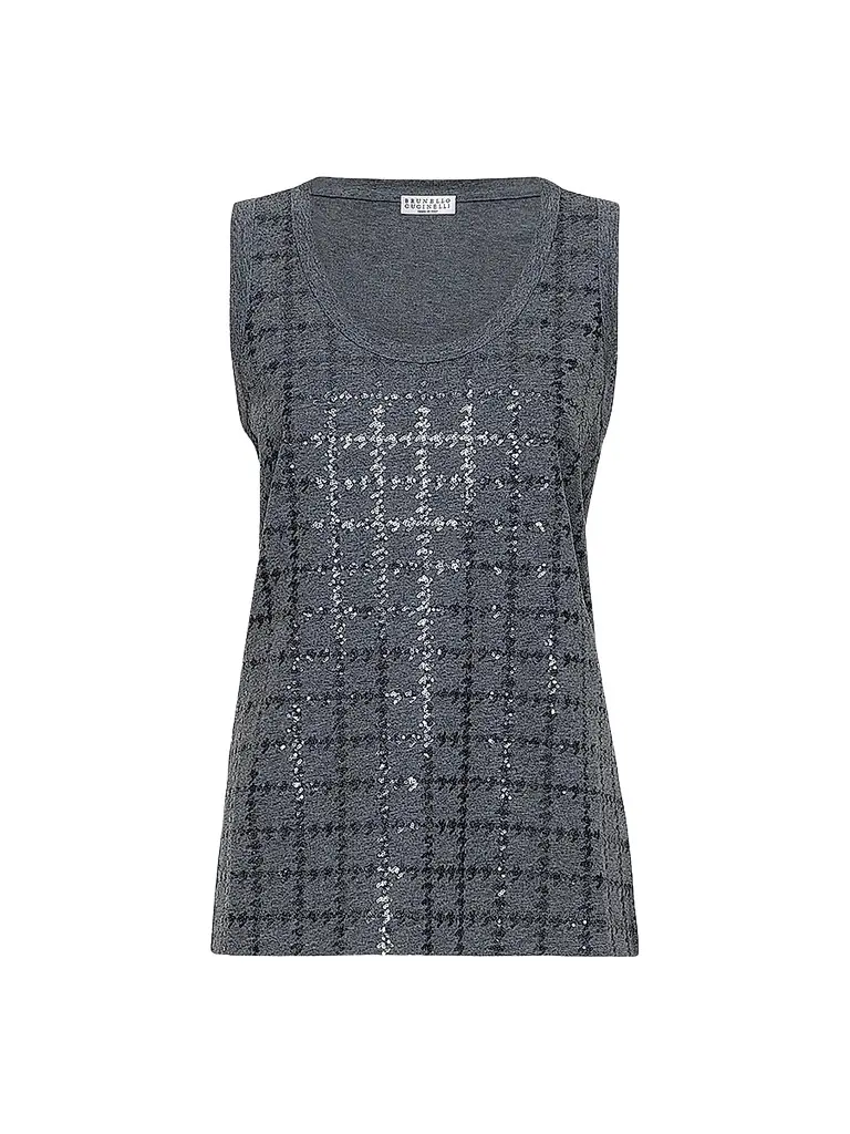 Brunello Cucinelli Women's Cotton Jersey Top with Dazzling Windowpane Embroidery