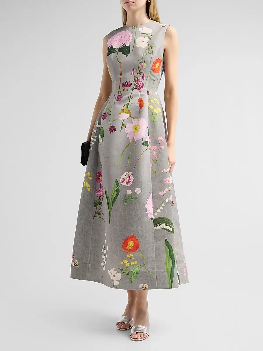 Oscar de la Renta Women's Mixed Botanical Faille Cocktail Dress | Thumbnail 4