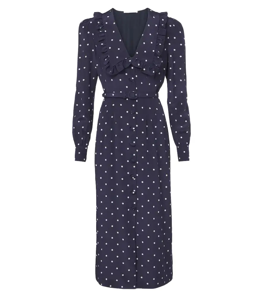 Belted polka-dot silk midi dress