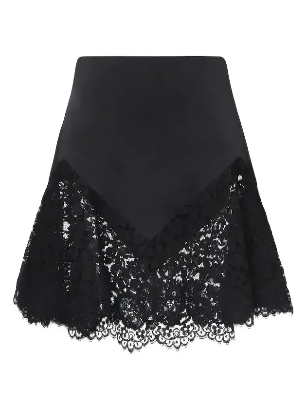 Asymmetric lace-trimmed satin miniskirt