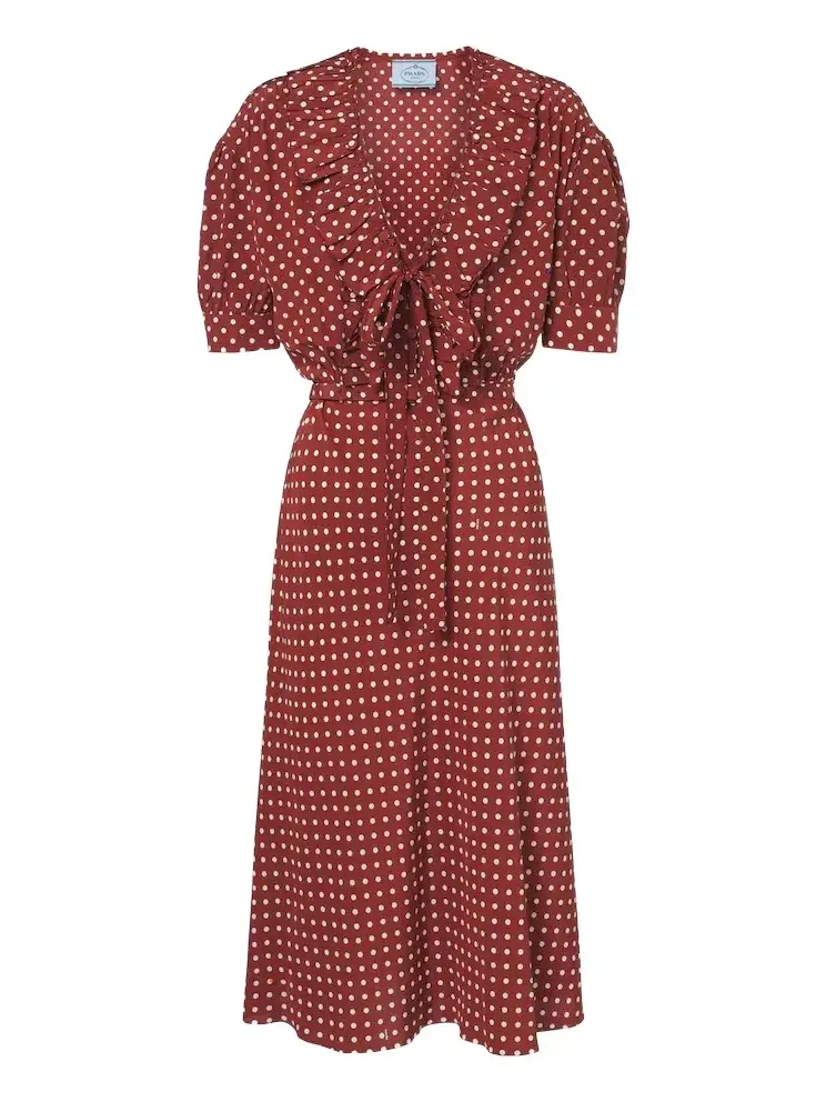Polka-dot ruffled silk midi dress