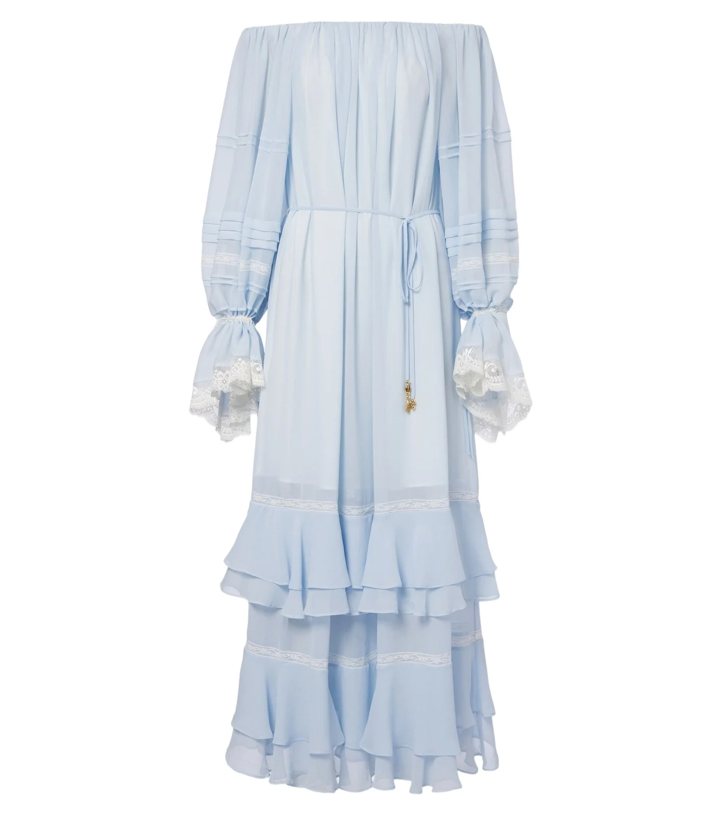 Ruffled off-shoulder lace-trimmed maxi dress