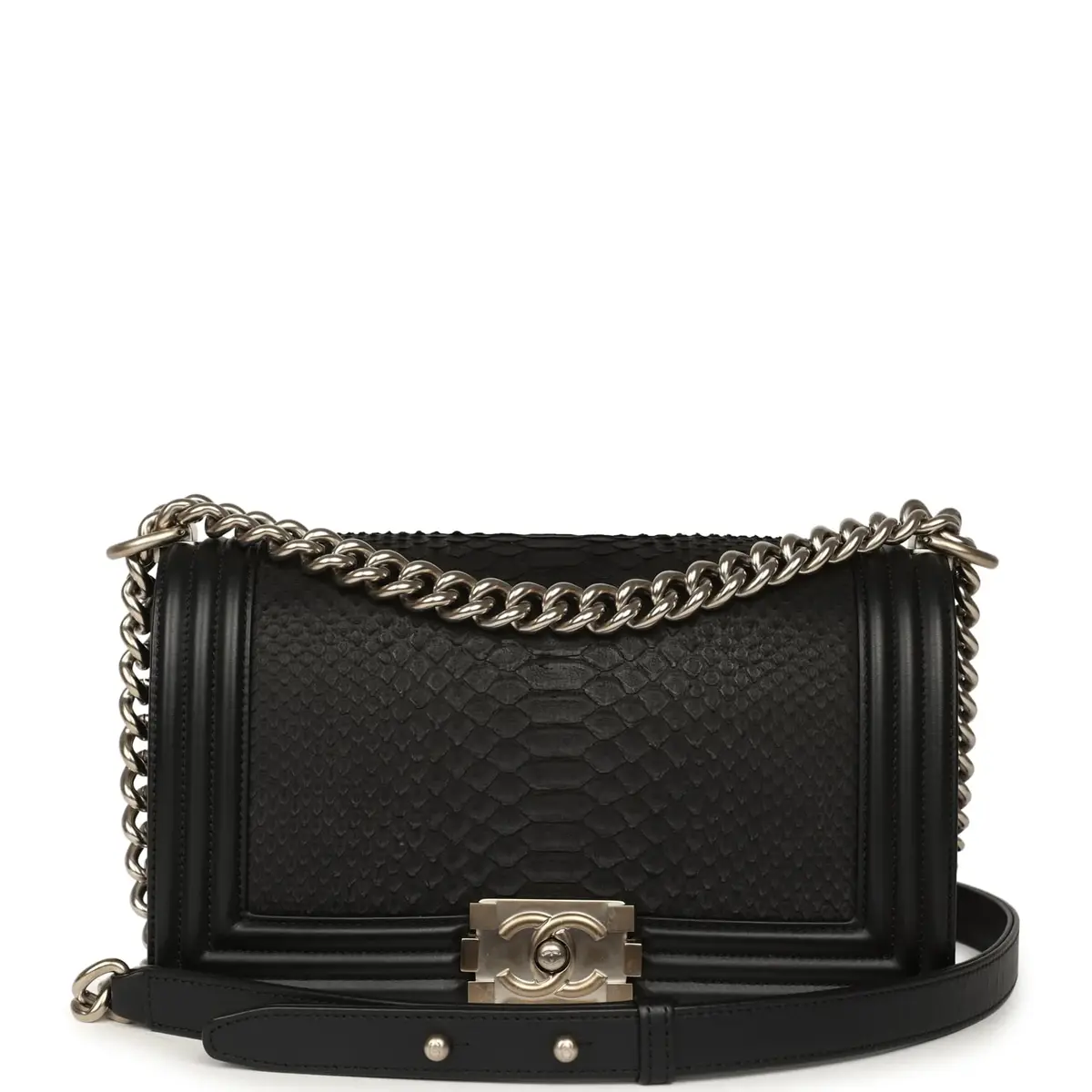 Chanel Pre-owned Chanel Boy Bag Black Python, Calfskin Matte Silver Hardware | Image 1 Chanel Pre-owned Chanel Boy Bag Black Python, Calfskin Matte Silver Hardware | Image 1