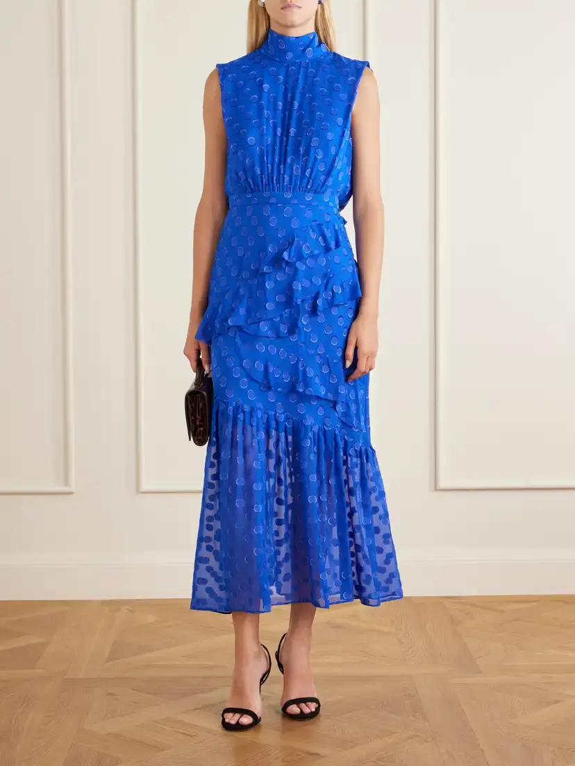 Saloni Fleur Polka-dot Ruffled Fil Coupé Silk-blend Crepe De Chine Midi Dress | Thumbnail 2 Saloni Fleur Polka-dot Ruffled Fil Coupé Silk-blend Crepe De Chine Midi Dress | Thumbnail 2