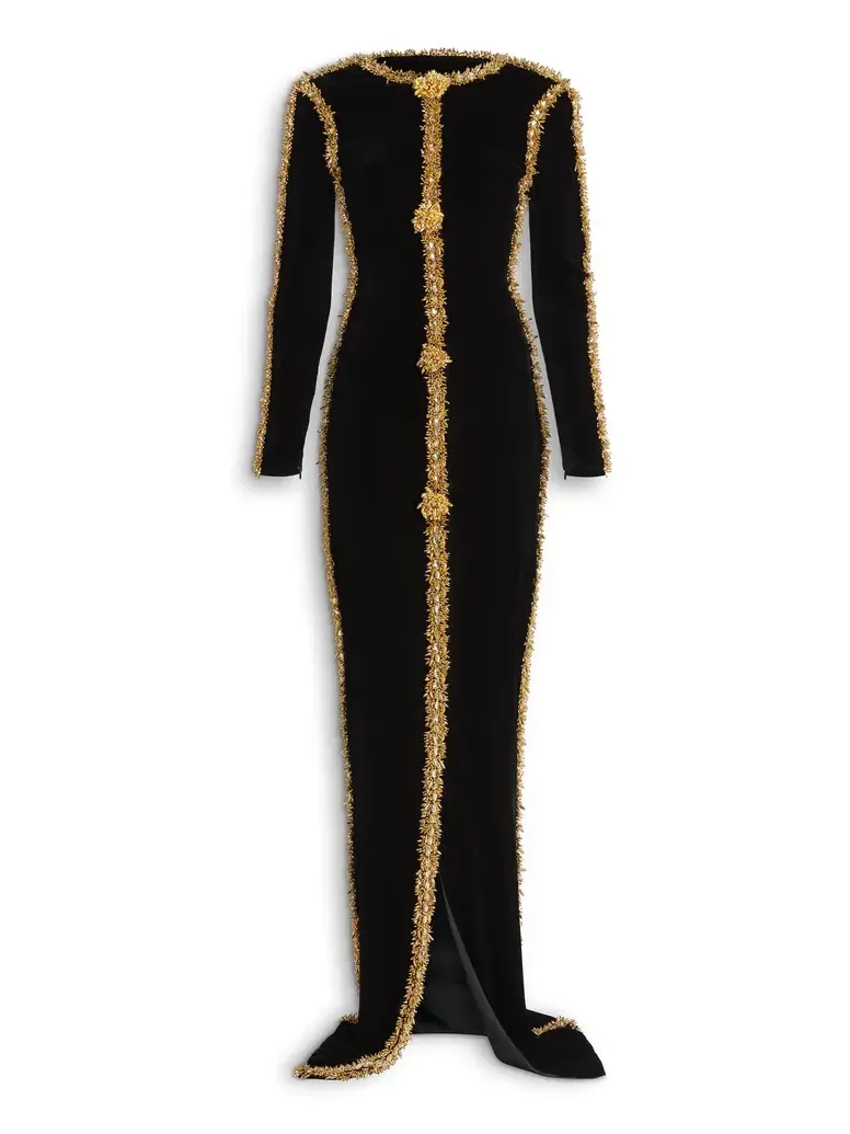 Long velvet dress with embroidered trim