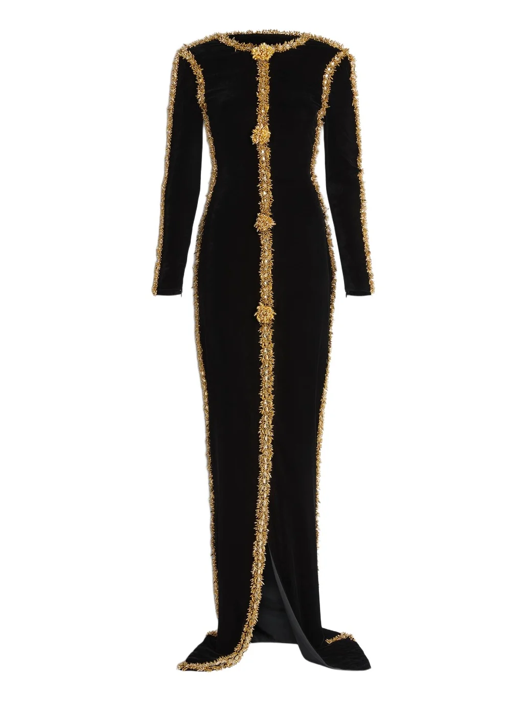 Long velvet dress with embroidered trim