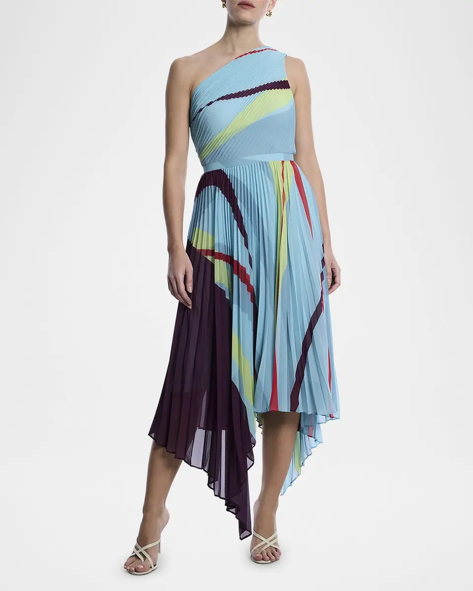 BCBGMAXAZRIA One-Shoulder Abstract-Print Pleated Midi Dress | Thumbnail 2 BCBGMAXAZRIA One-Shoulder Abstract-Print Pleated Midi Dress | Thumbnail 2