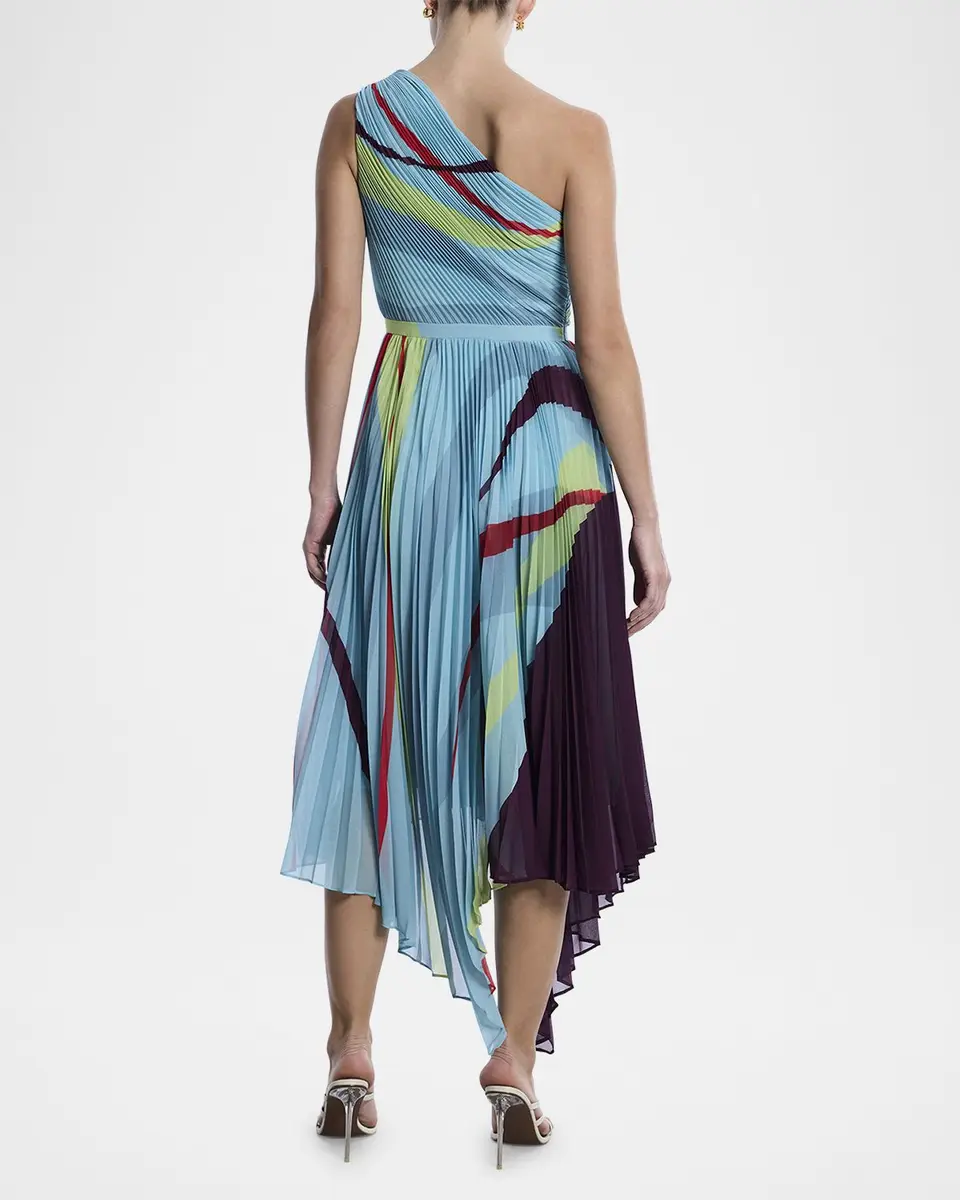 BCBGMAXAZRIA One-Shoulder Abstract-Print Pleated Midi Dress | Thumbnail 3 BCBGMAXAZRIA One-Shoulder Abstract-Print Pleated Midi Dress | Thumbnail 3