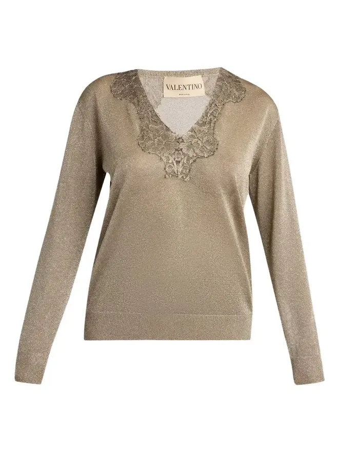 Lace-Trim Metallic Knit V-Neck Sweater Lace-Trim Metallic Knit V-Neck Sweater