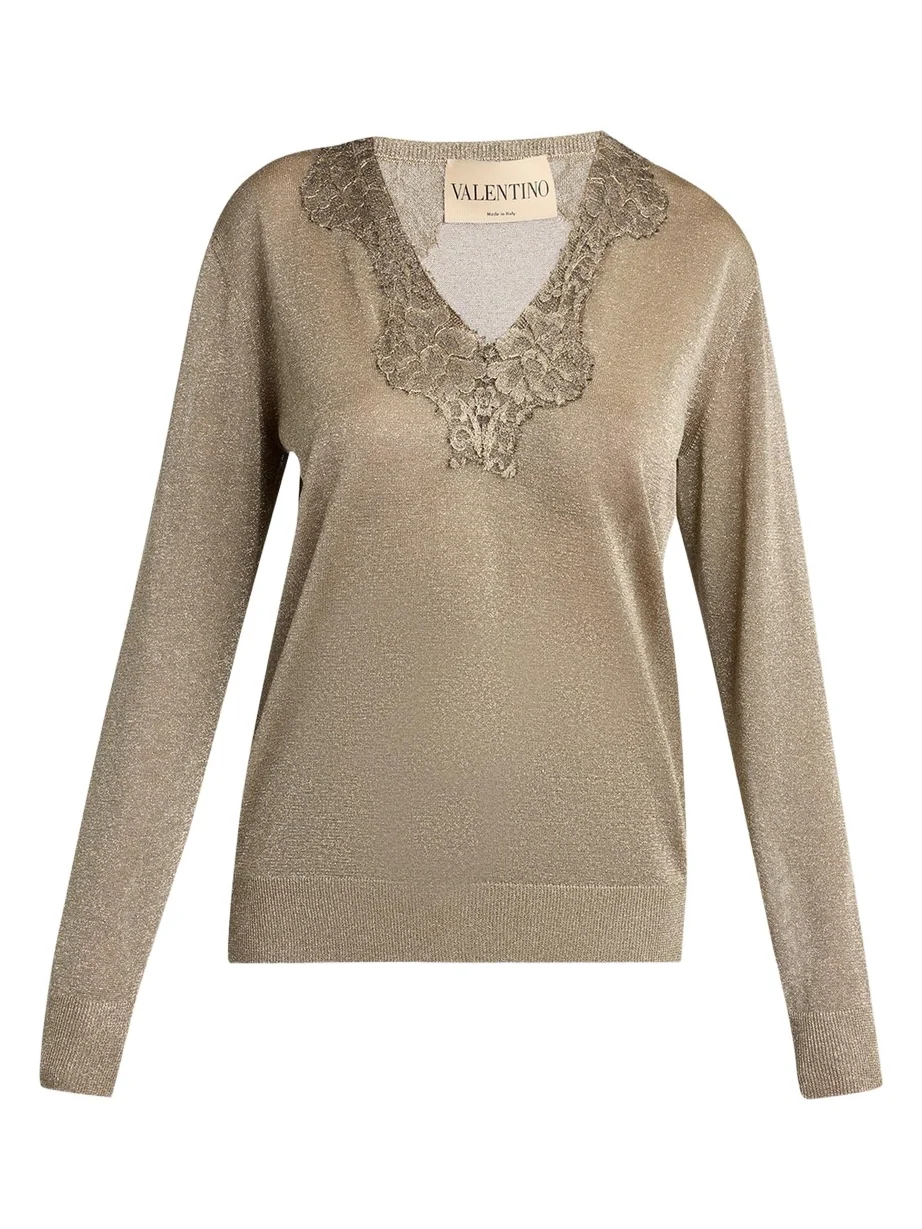 Lace-Trim Metallic Knit V-Neck Sweater Lace-Trim Metallic Knit V-Neck Sweater