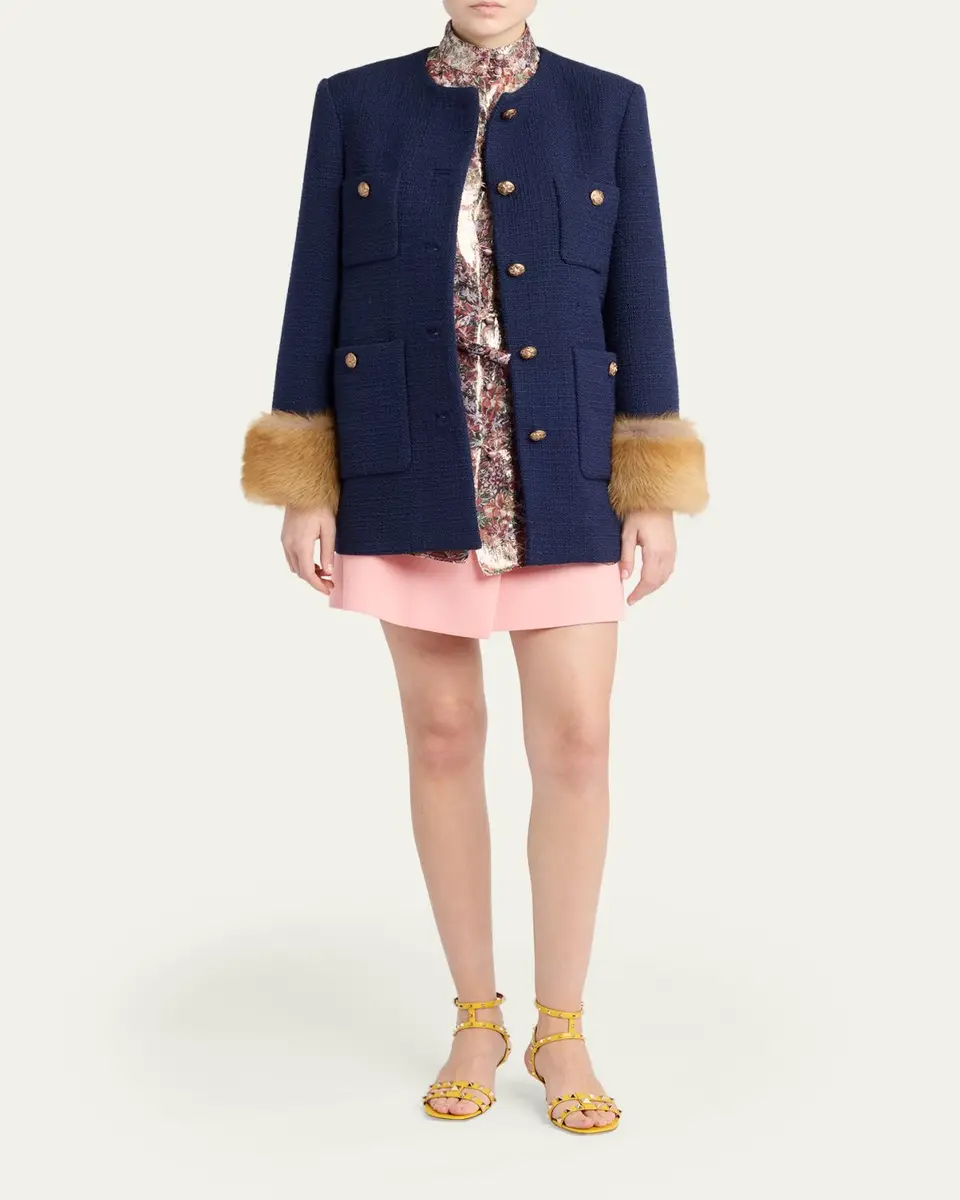 Valentino Garavani Lamb Shearling Cuffs Tweed Single-Breasted Jacket | Thumbnail 2