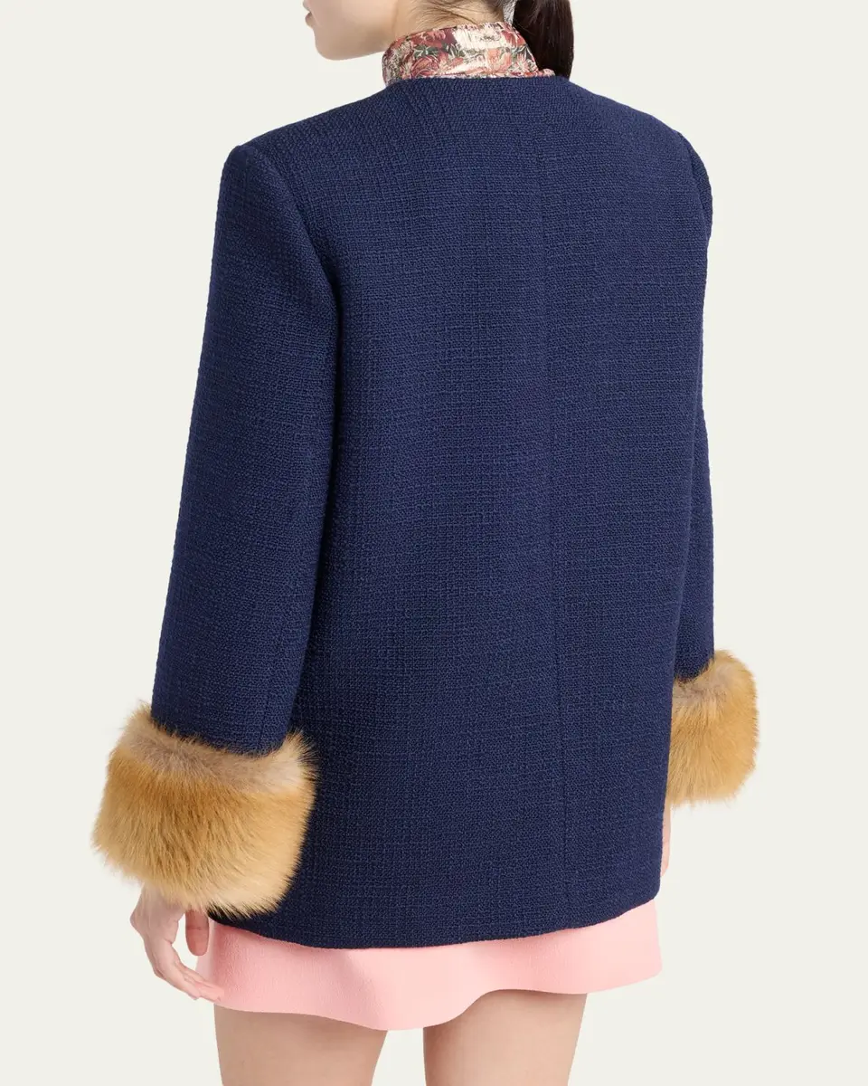 Valentino Garavani Lamb Shearling Cuffs Tweed Single-Breasted Jacket | Thumbnail 3