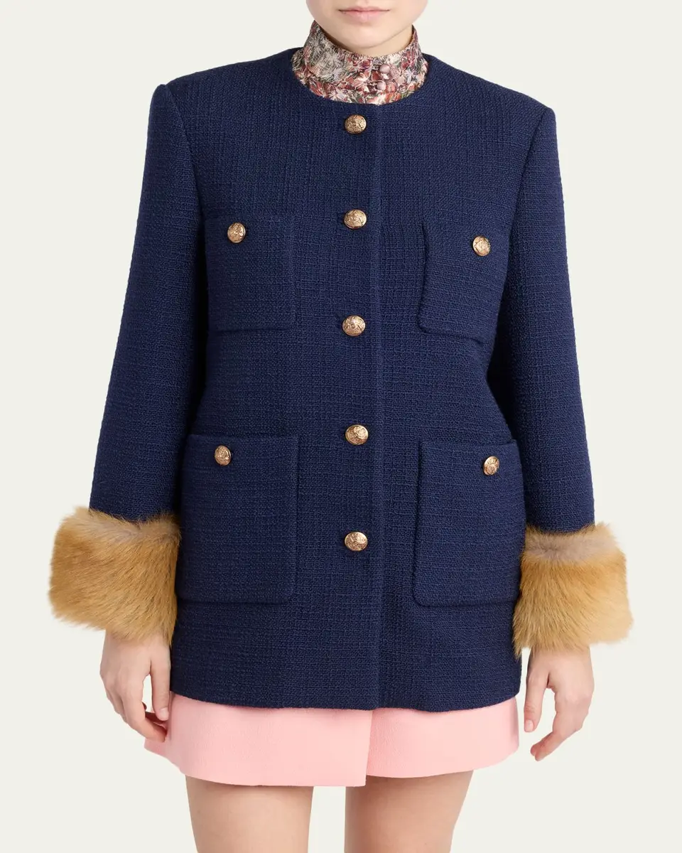 Valentino Garavani Lamb Shearling Cuffs Tweed Single-Breasted Jacket | Thumbnail 4