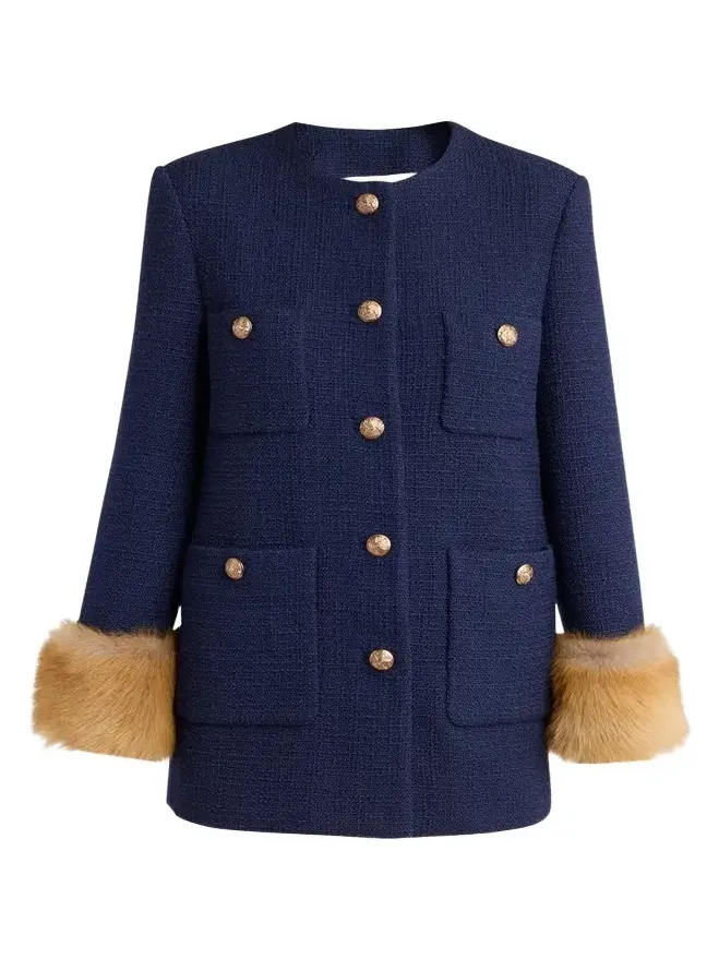 Valentino Garavani Lamb Shearling Cuffs Tweed Single-Breasted Jacket