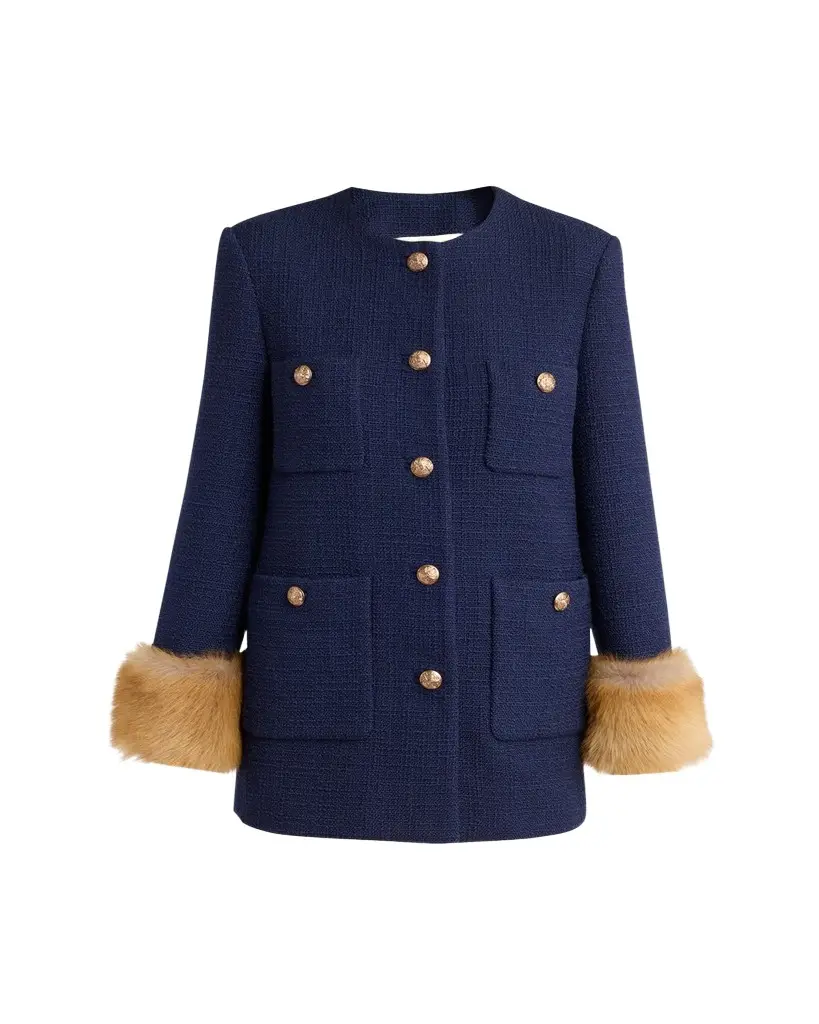 Valentino Garavani Lamb Shearling Cuffs Tweed Single-Breasted Jacket | Image 1 Valentino Garavani Lamb Shearling Cuffs Tweed Single-Breasted Jacket | Image 1