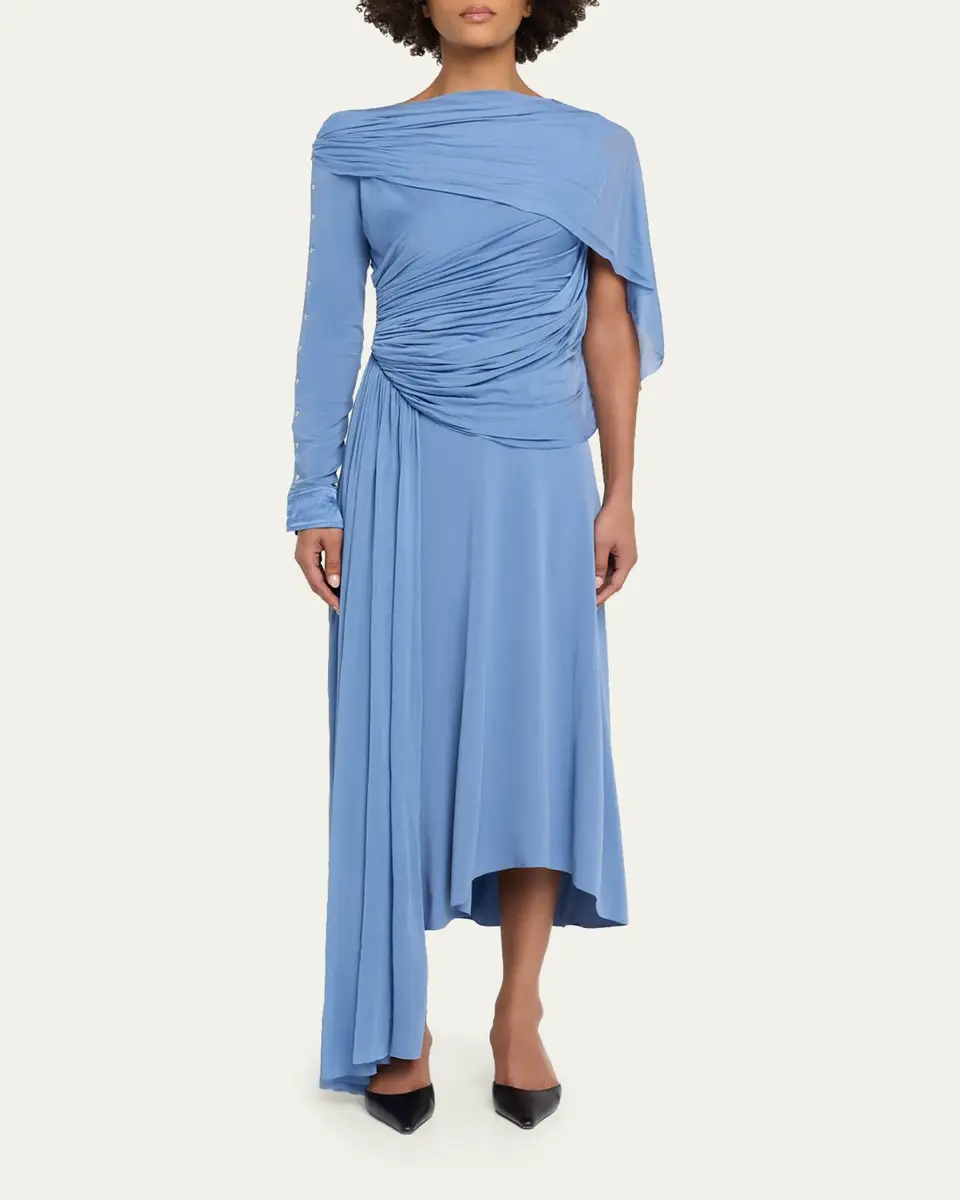 Lanvin Asymmetric Draped Jersey Button-Sleeve Midi Dress | Thumbnail 2
