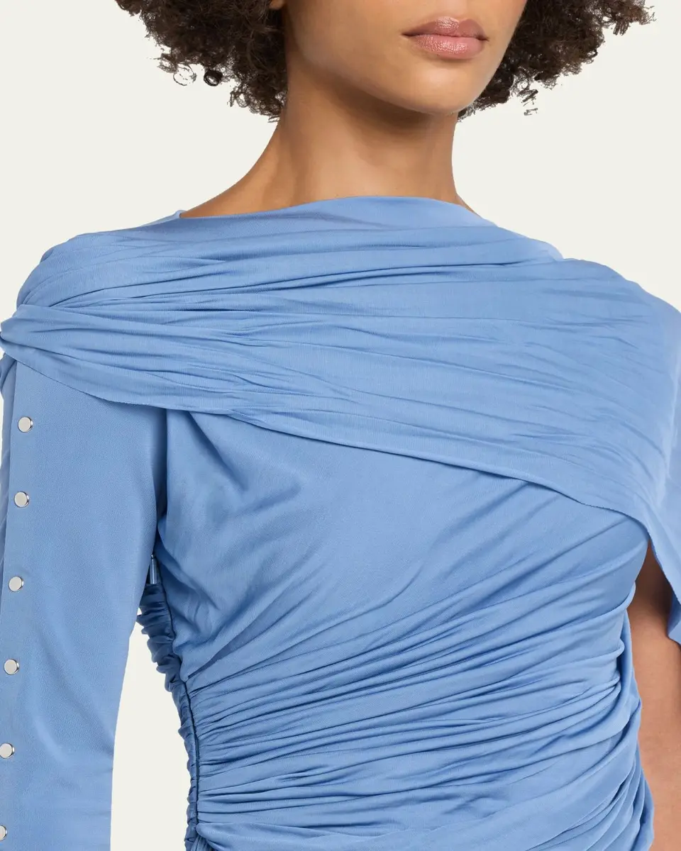 Lanvin Asymmetric Draped Jersey Button-Sleeve Midi Dress | Thumbnail 5