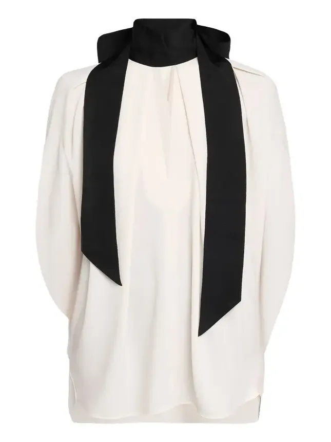 Contrast Neck-Scarf Pleated Cape Top Contrast Neck-Scarf Pleated Cape Top