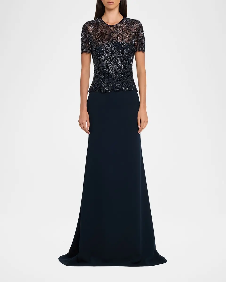 Naeem Khan Beaded Bodice Cap-Sleeve Fit-And-Flare Crepe Gown | Thumbnail 2 Naeem Khan Beaded Bodice Cap-Sleeve Fit-And-Flare Crepe Gown | Thumbnail 2
