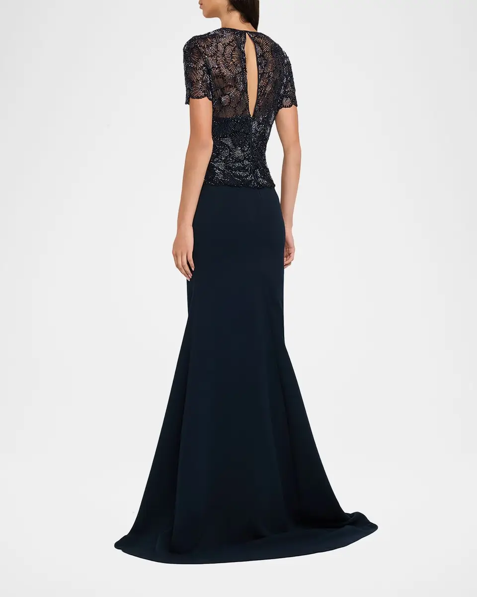Naeem Khan Beaded Bodice Cap-Sleeve Fit-And-Flare Crepe Gown | Thumbnail 3 Naeem Khan Beaded Bodice Cap-Sleeve Fit-And-Flare Crepe Gown | Thumbnail 3