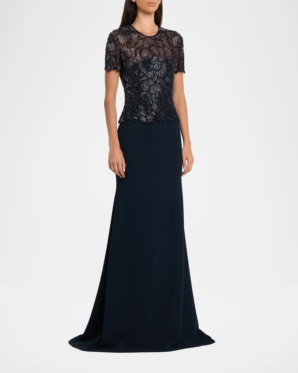 Naeem Khan Beaded Bodice Cap-Sleeve Fit-And-Flare Crepe Gown | Thumbnail 4 Naeem Khan Beaded Bodice Cap-Sleeve Fit-And-Flare Crepe Gown | Thumbnail 4