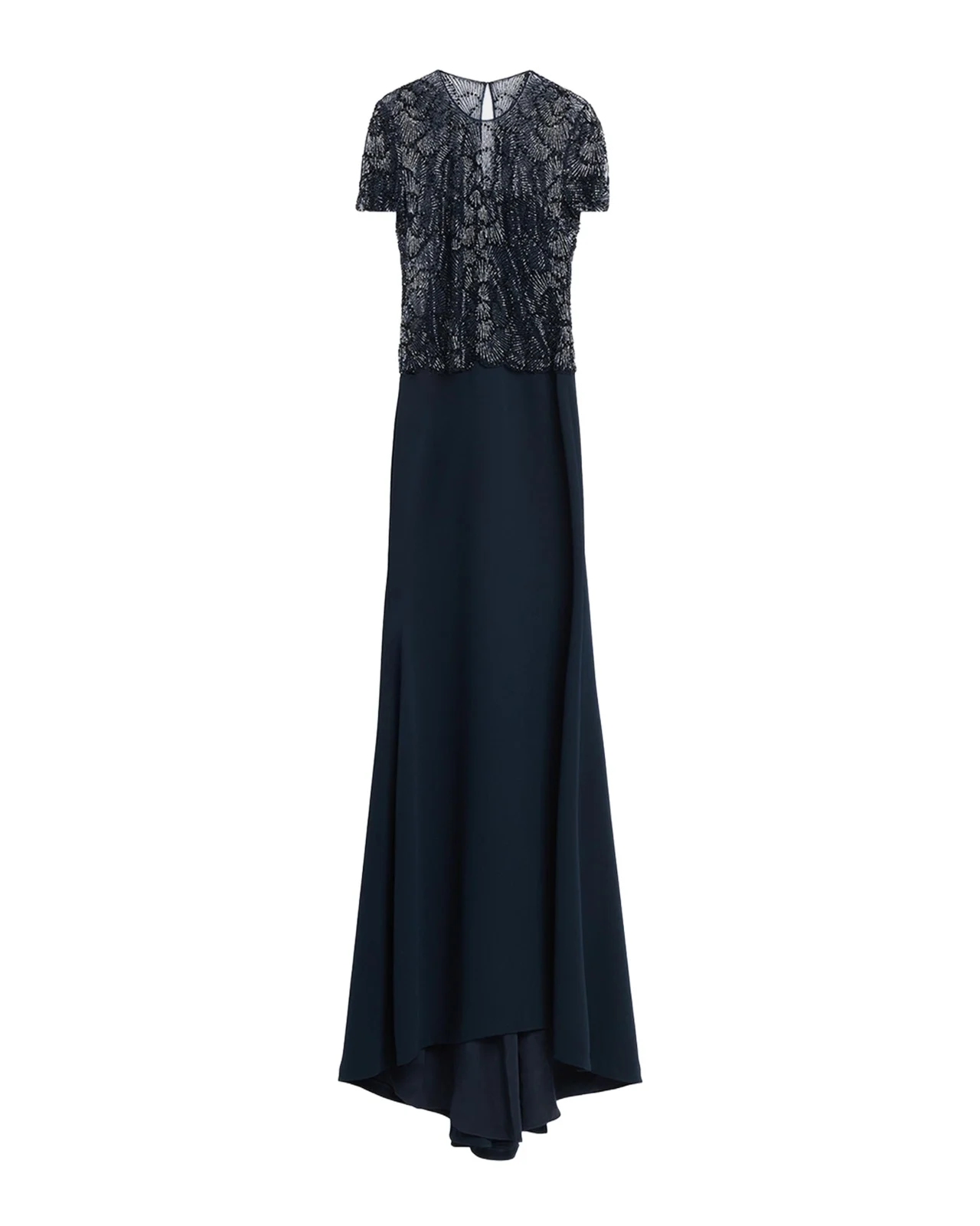 Beaded Bodice Cap-Sleeve Fit-And-Flare Crepe Gown