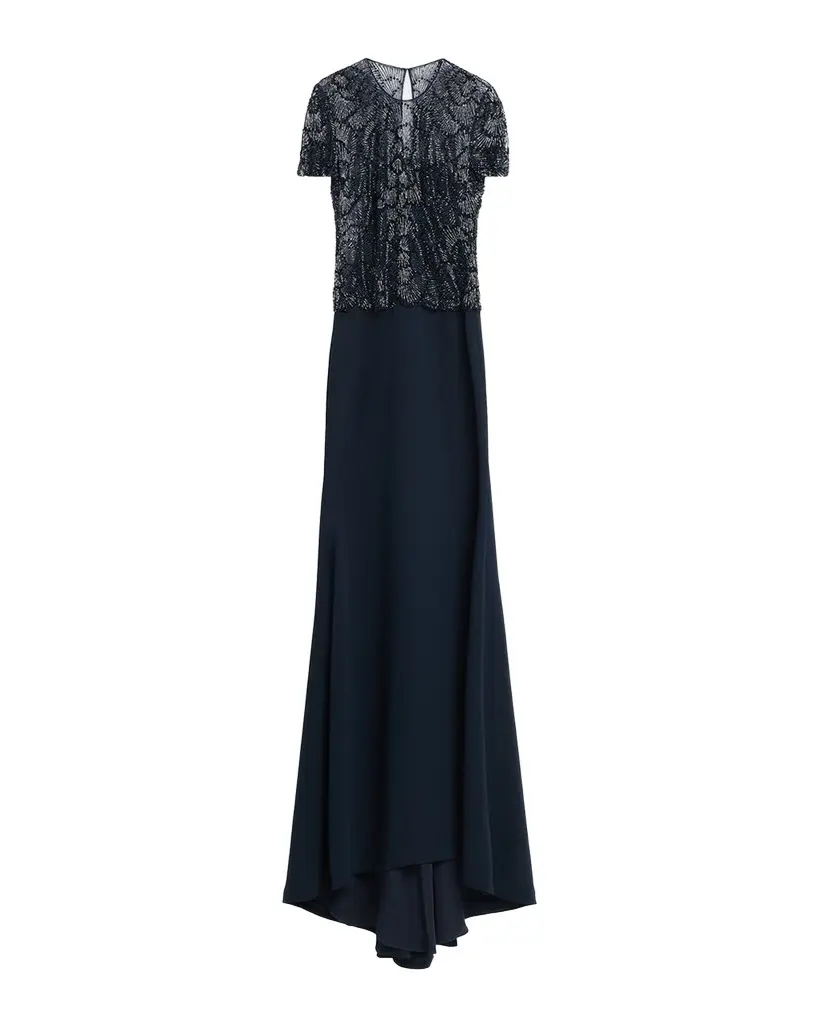 Beaded Bodice Cap-Sleeve Fit-And-Flare Crepe Gown Beaded Bodice Cap-Sleeve Fit-And-Flare Crepe Gown