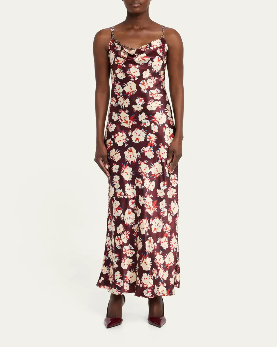 Rabanne Chain Cowl-Neck Floral Satin Maxi Slip Dress | Thumbnail 2 Rabanne Chain Cowl-Neck Floral Satin Maxi Slip Dress | Thumbnail 2