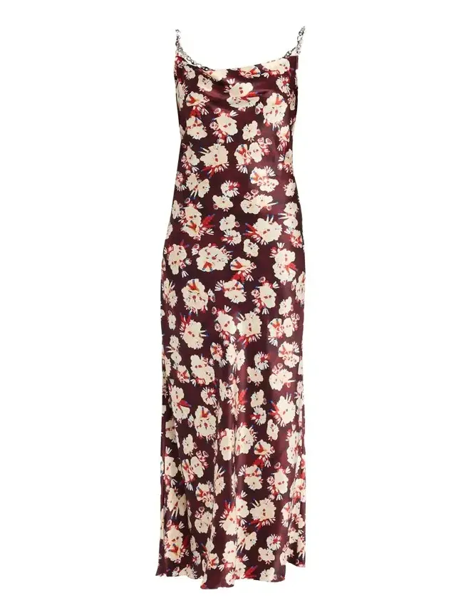 Rabanne Chain Cowl-Neck Floral Satin Maxi Slip Dress