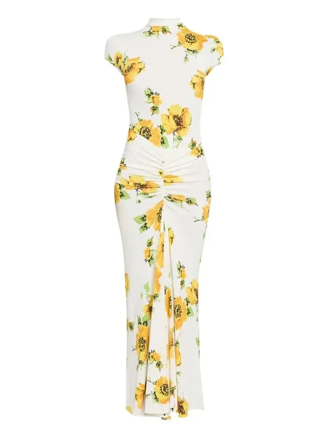 Alaïa Mock-Neck Draped Floral Jersey Cap-Sleeve Maxi Dress