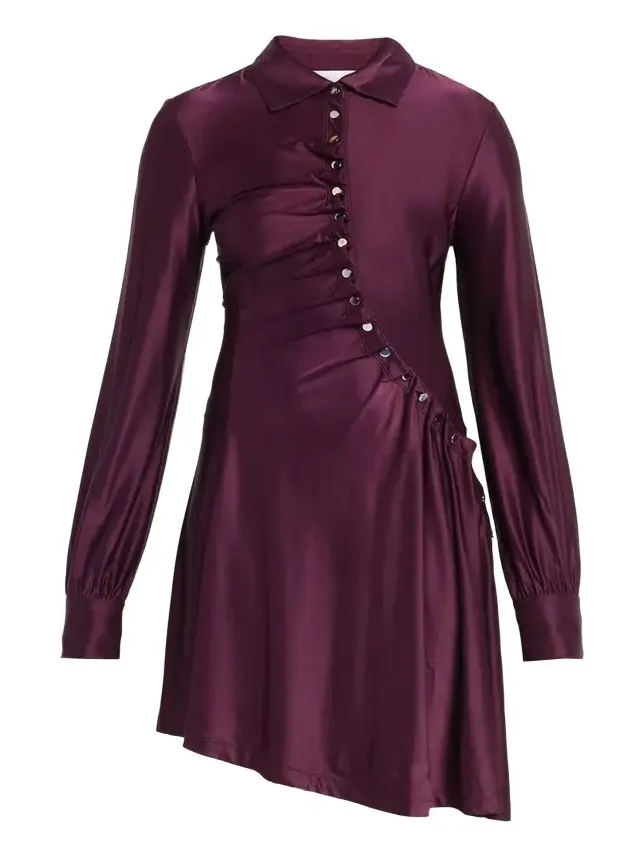 Asymmetric Gathered Button Long-Sleeve Shirtdress Asymmetric Gathered Button Long-Sleeve Shirtdress