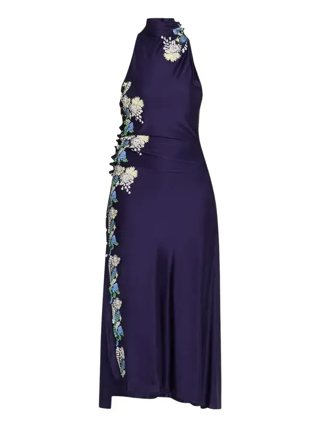 Floral Embroidered Snap Draped Jersey Midi Dress Floral Embroidered Snap Draped Jersey Midi Dress
