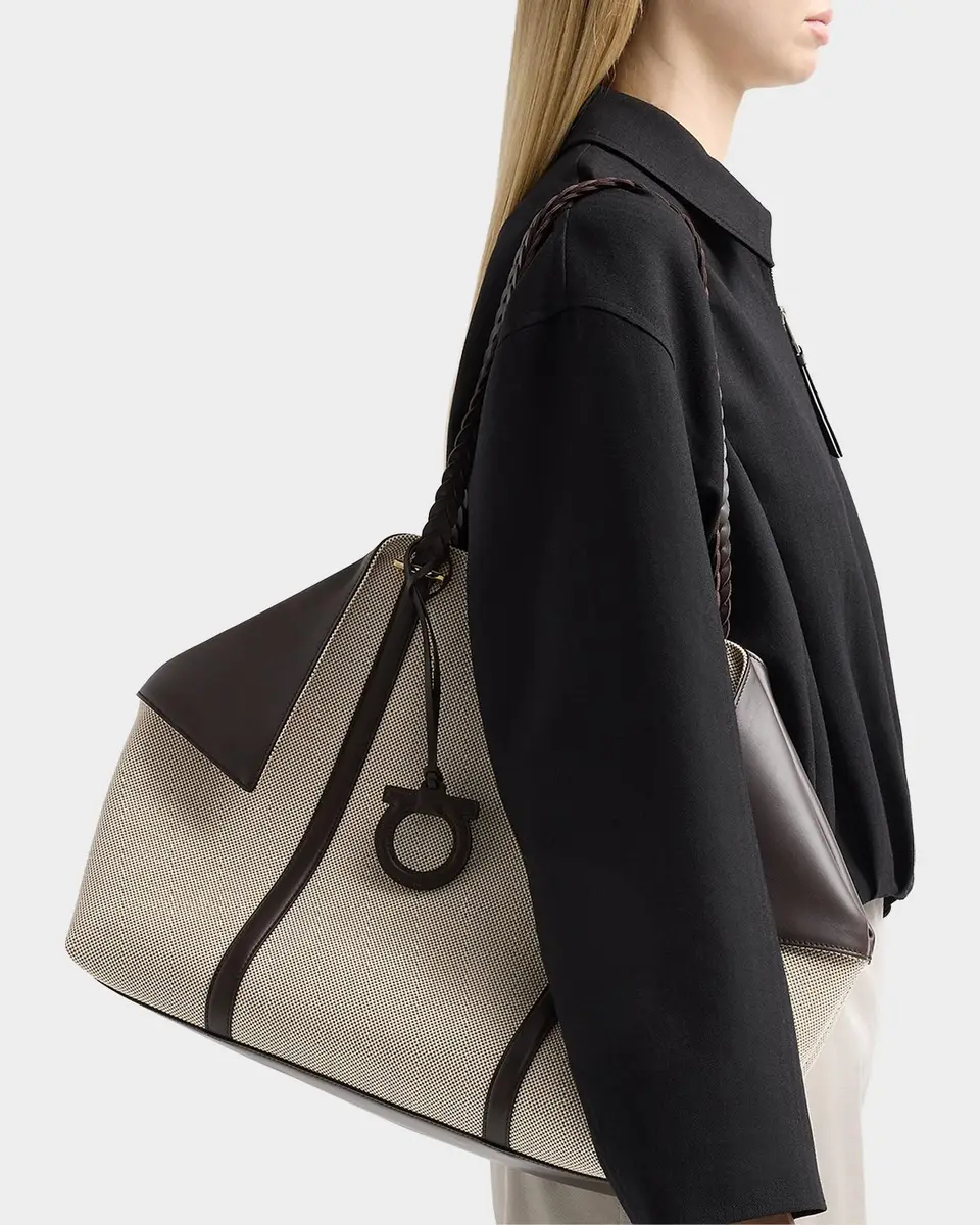 Ferragamo Scarf Braided Leather-Trim Canvas Tote Bag | Thumbnail 5 Ferragamo Scarf Braided Leather-Trim Canvas Tote Bag | Thumbnail 5