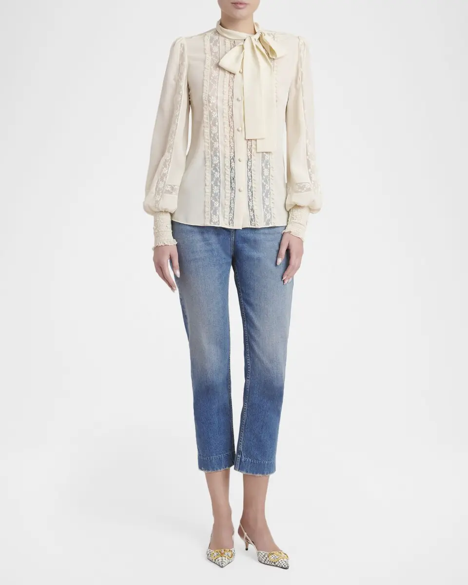 Valentino Garavani Lace-Inset Ruffle Bow-Neck Silk Shirt | Thumbnail 2 Valentino Garavani Lace-Inset Ruffle Bow-Neck Silk Shirt | Thumbnail 2