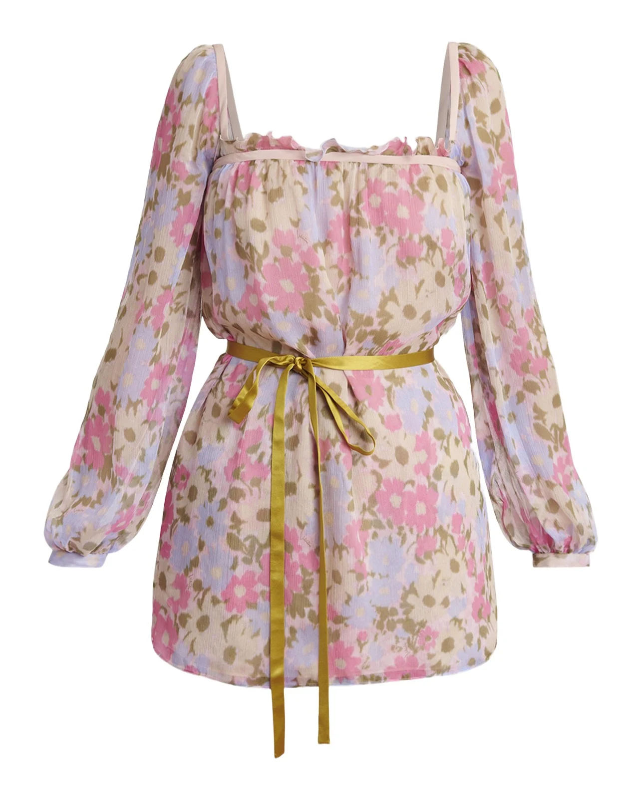 Floral-Print Silk Chiffon Long-Sleeve Belted Blouse