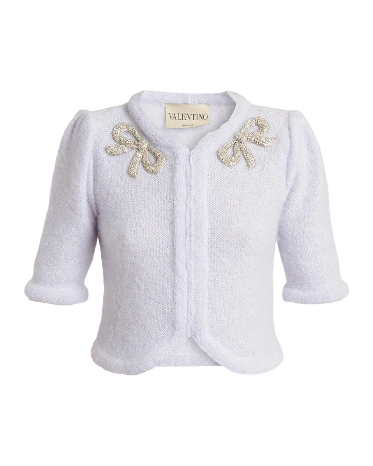 Valentino Garavani Bow Embroidered Mohair Short-Sleeve Crop Cardigan