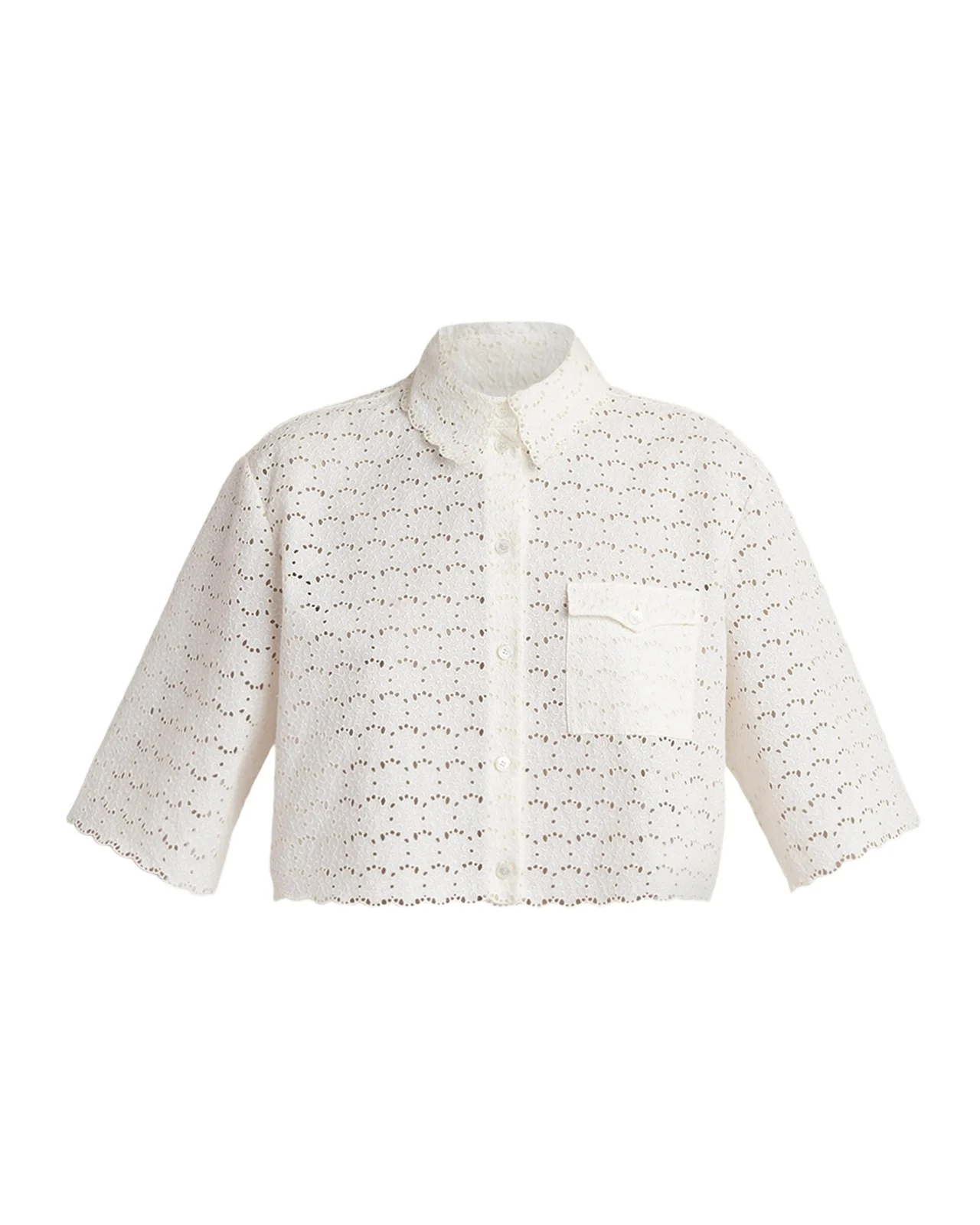 Valentino Garavani Short-Sleeve Eyelet Cotton Crop Button-Down Shirt
