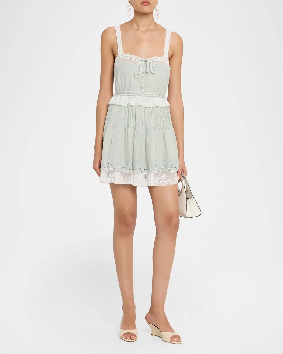 LoveShackFancy Hadlee Embroidered Lace-Trim Mini Dress | Thumbnail 4