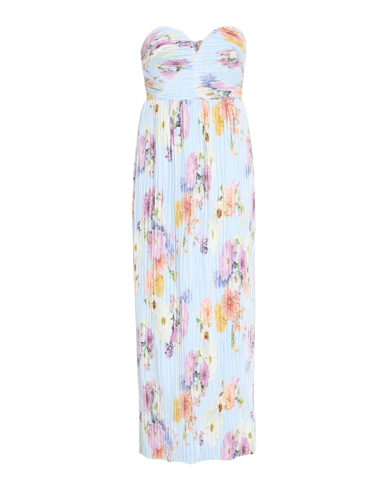 Calla Strapless Pleated Floral-Print Satin Column Gown Calla Strapless Pleated Floral-Print Satin Column Gown