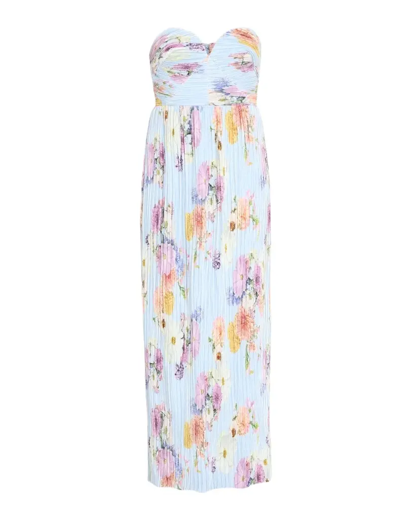 As It May Calla Strapless Pleated Floral-Print Satin Column Gown | Image 1 As It May Calla Strapless Pleated Floral-Print Satin Column Gown | Image 1