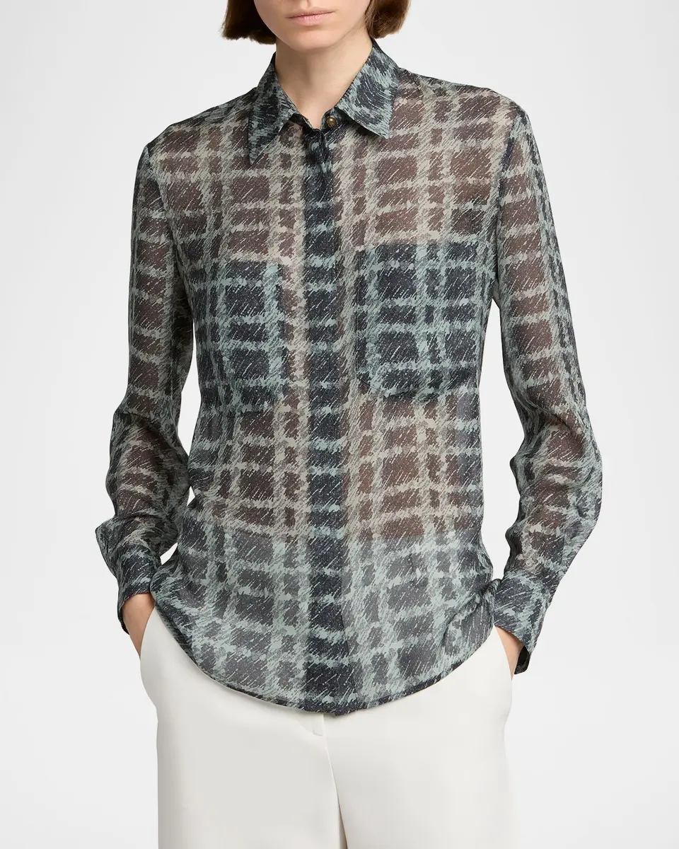 Giorgio Armani Sheer Silk Plaid Button-Front Shirt | Thumbnail 4 Giorgio Armani Sheer Silk Plaid Button-Front Shirt | Thumbnail 4