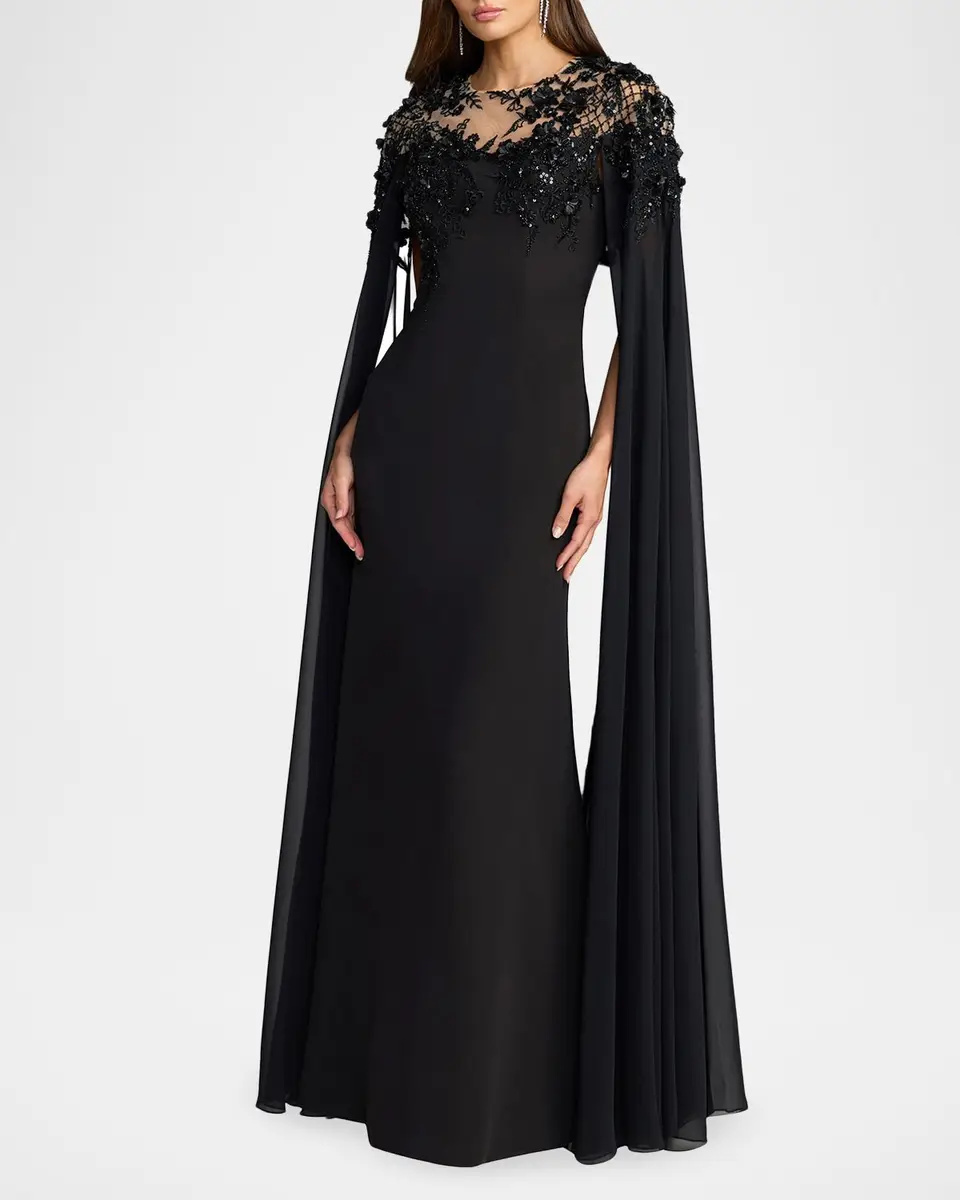 Mac Duggal Floral Embellished Chiffon Cape Gown | Thumbnail 2