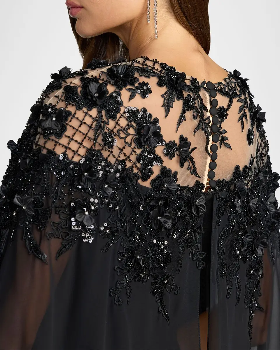 Mac Duggal Floral Embellished Chiffon Cape Gown | Thumbnail 4