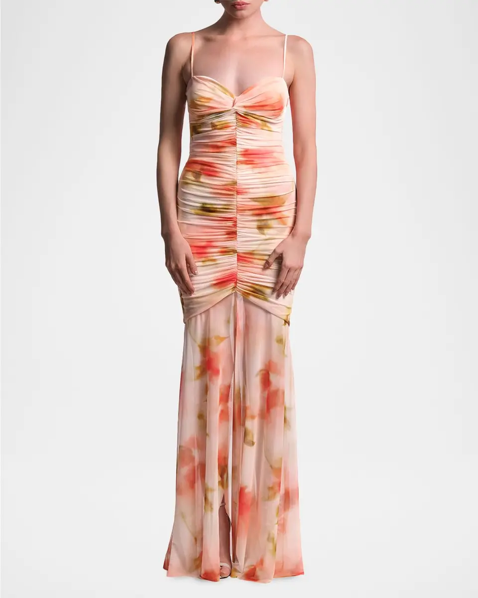 BCBGMAXAZRIA Soraya Ruched Floral-Print Mesh Gown | Thumbnail 2